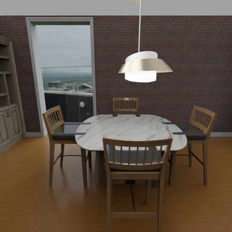 At zero seconds, four dining chairs, a dining table and a pendant lamp are visible